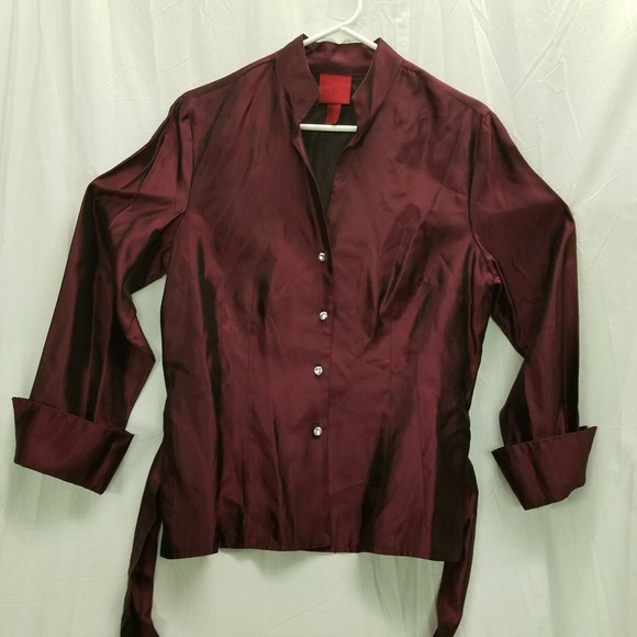 JS Collections shiny maroon satin blouse w Rhinestone Buttons women sz 12 - Picture 3 of 12